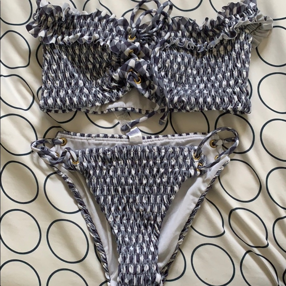 ASOS blue and white off the shoulder swimsuit